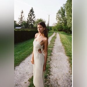 ZARA Midi Dress Linen Blend Strappy With Stones Cut Out Size Small, NWT